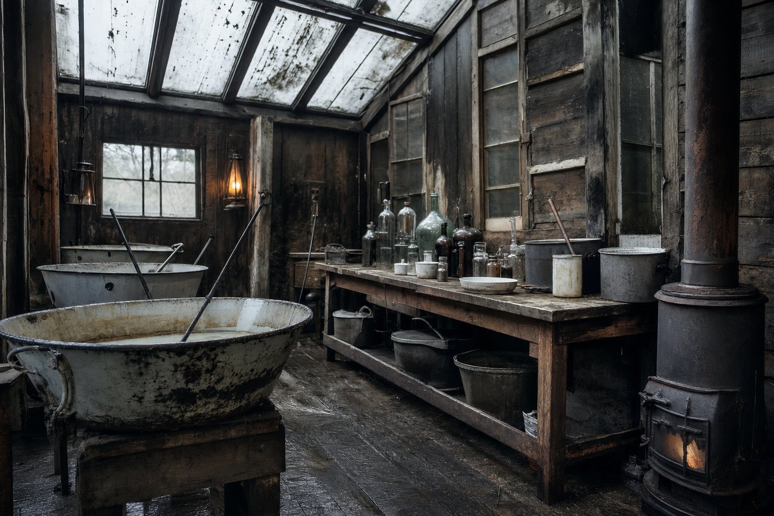 A disused dissecting room with a leaking glass roof. The laboratory where radium was isolated.