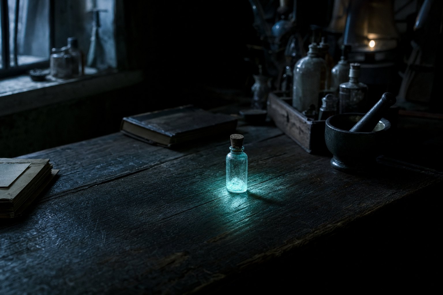 The vials gave off a faint blue light. They kept them by the bed to look at.