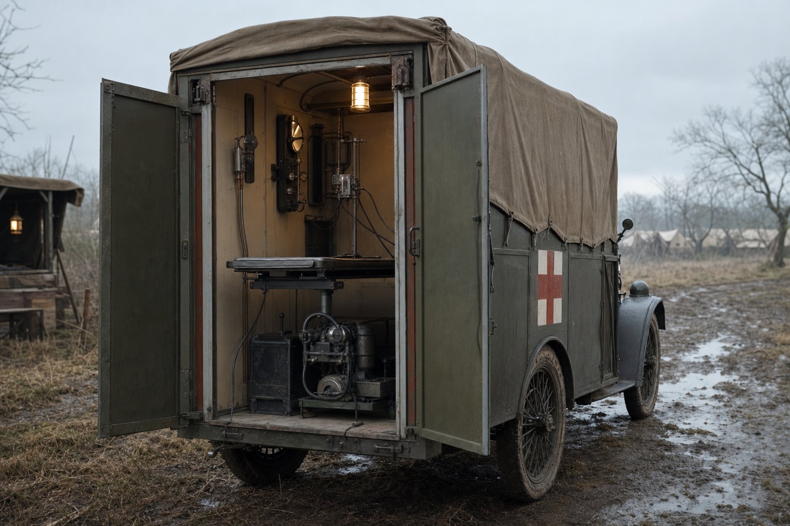 A car with an X-ray set and a generator, driven to the front so surgeons could see the shrapnel.
