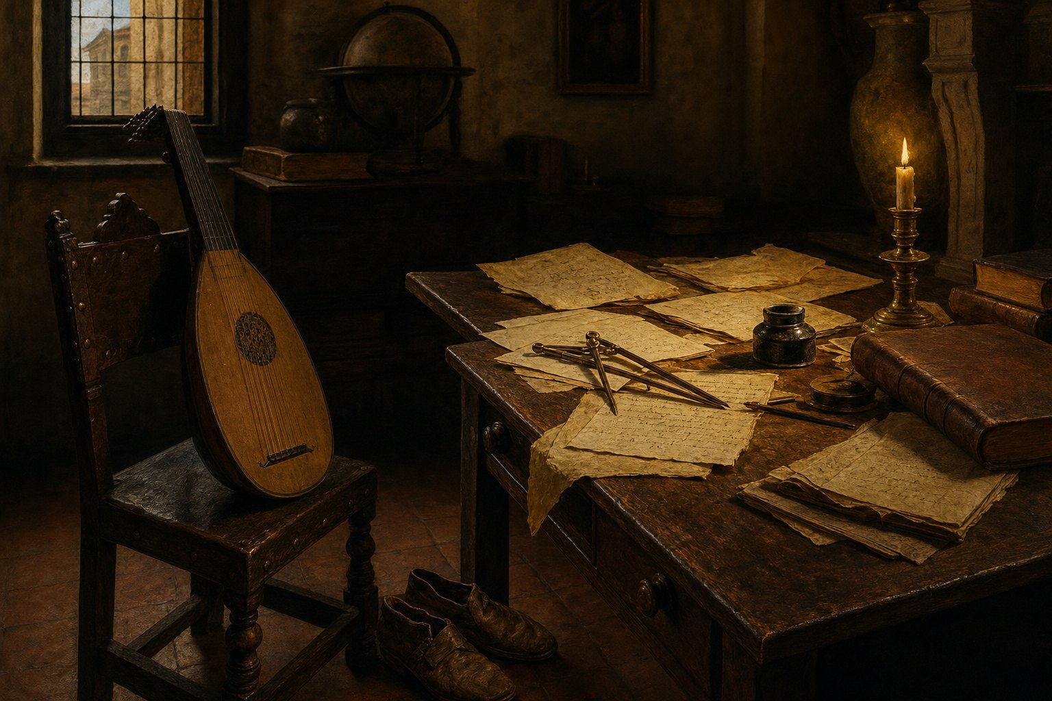 Lute, compasses, lecture notes: he taught, tutored and sold instruments to make the rent.