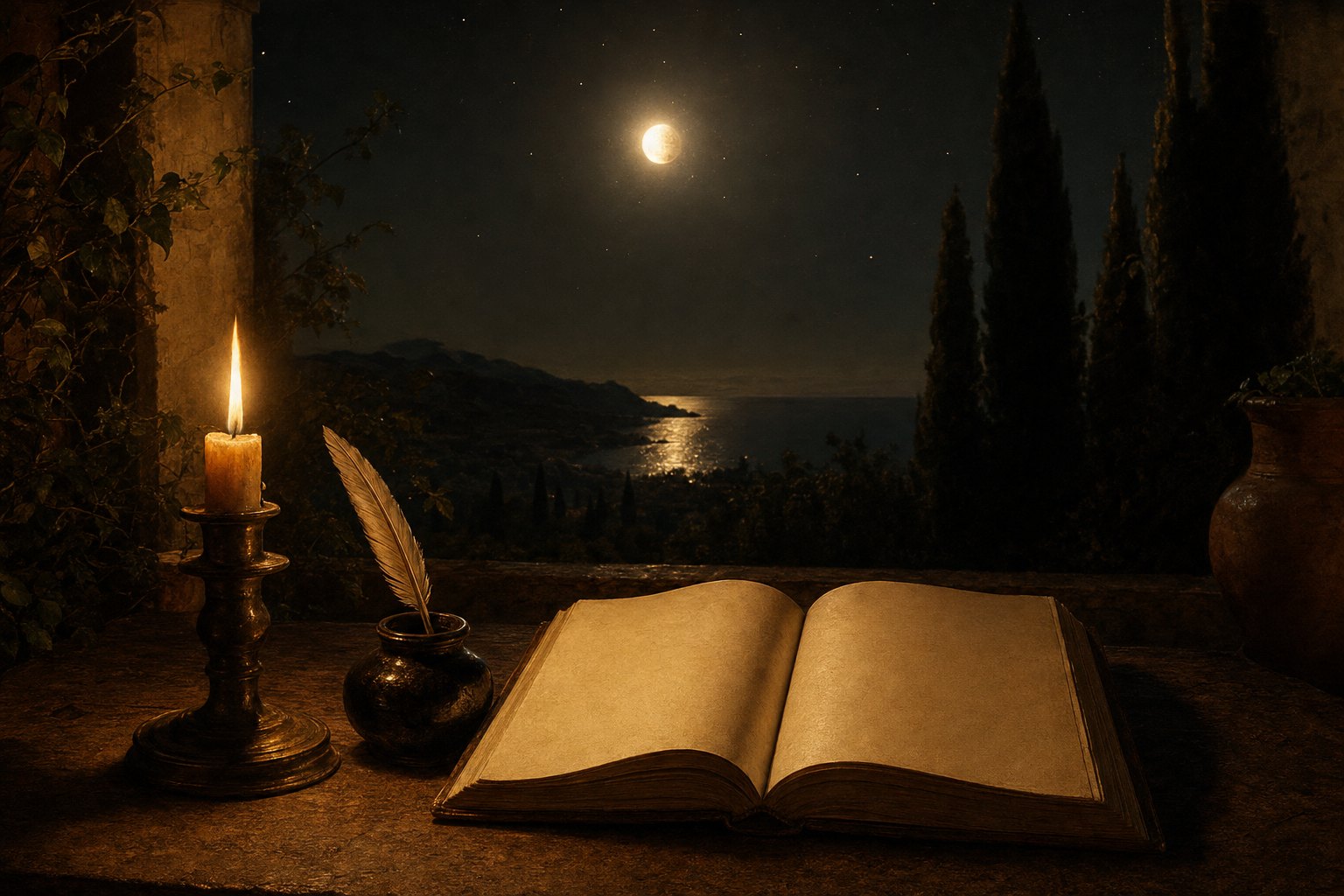 A notebook, an inkwell, and a very bright planet low in the east.