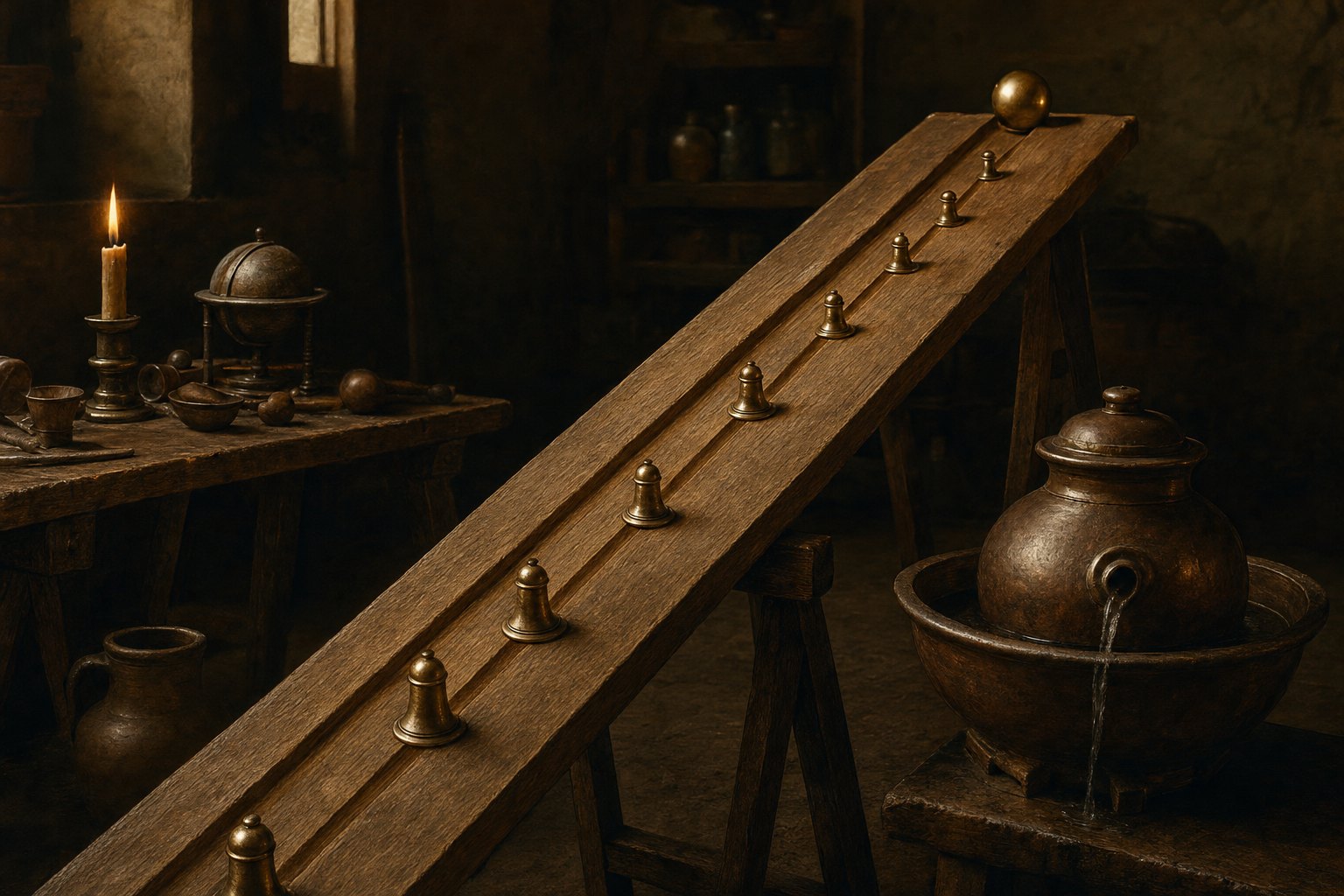 A straight channel, a bronze ball, and a vessel of water to measure time by weight.
