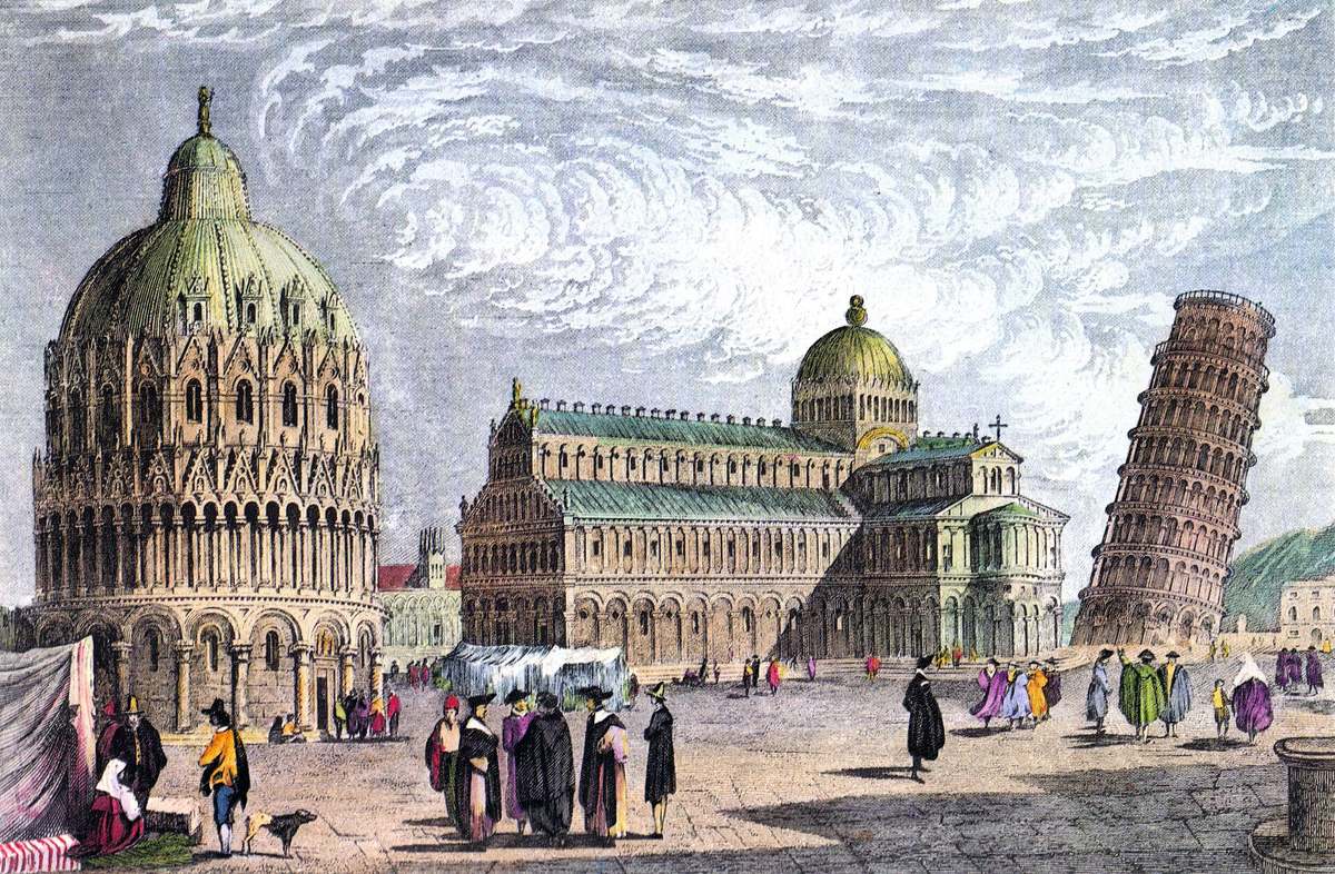 Pisa in a 19th-century print. The tower drop is told by Galileo’s pupil Viviani, long after; Galileo never described doing it.