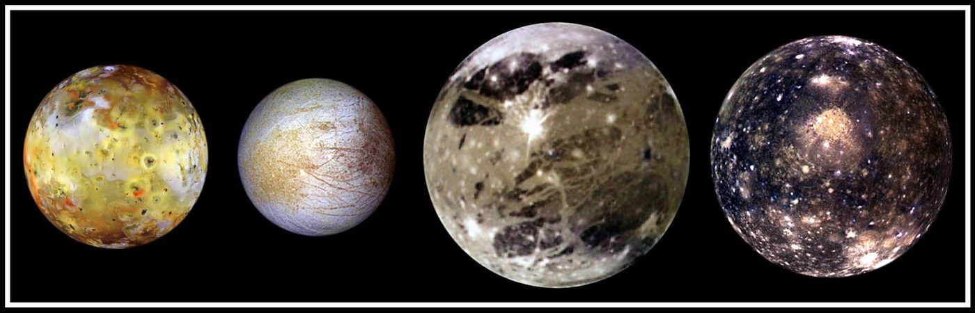 Io, Europa, Ganymede and Callisto at their true relative sizes, imaged by NASA’s Galileo spacecraft.