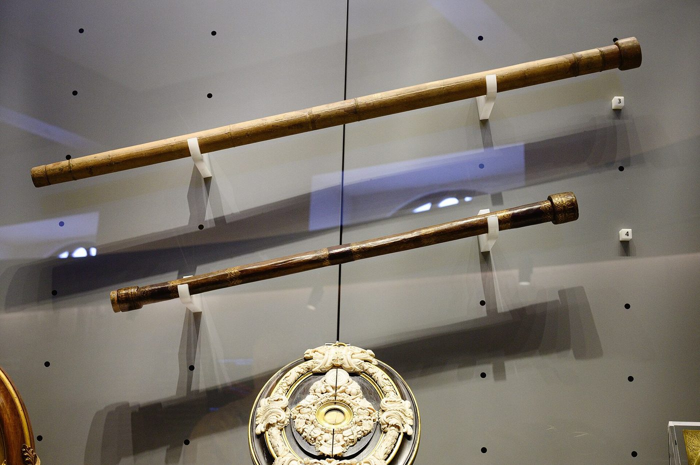 Galileo’s own telescopes, kept in Florence. Wood, paper and leather tubes with a lens at each end.