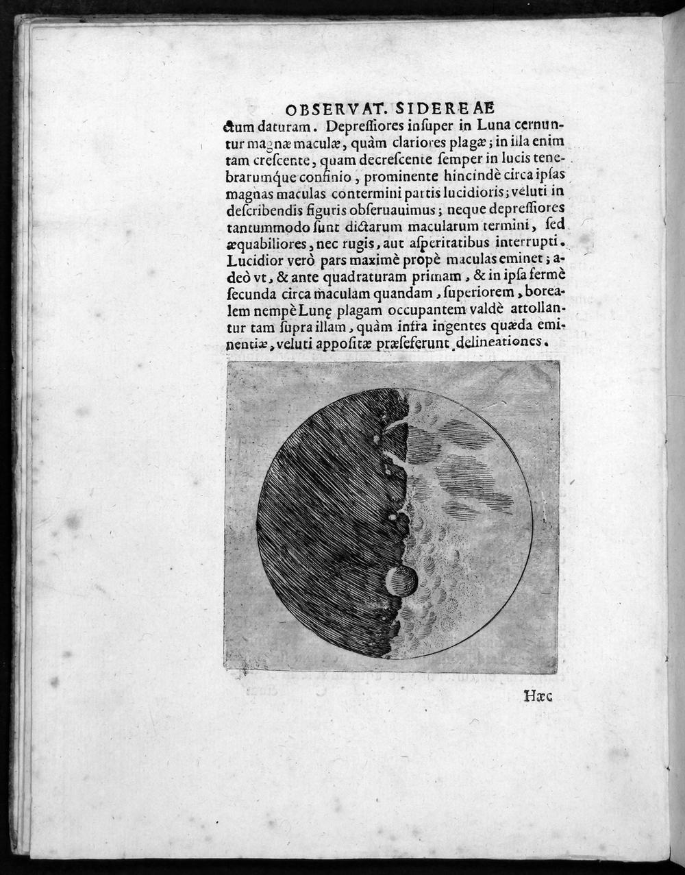 The engraving as it appeared in Sidereus Nuncius: a ragged terminator and a crater on the day–night line.