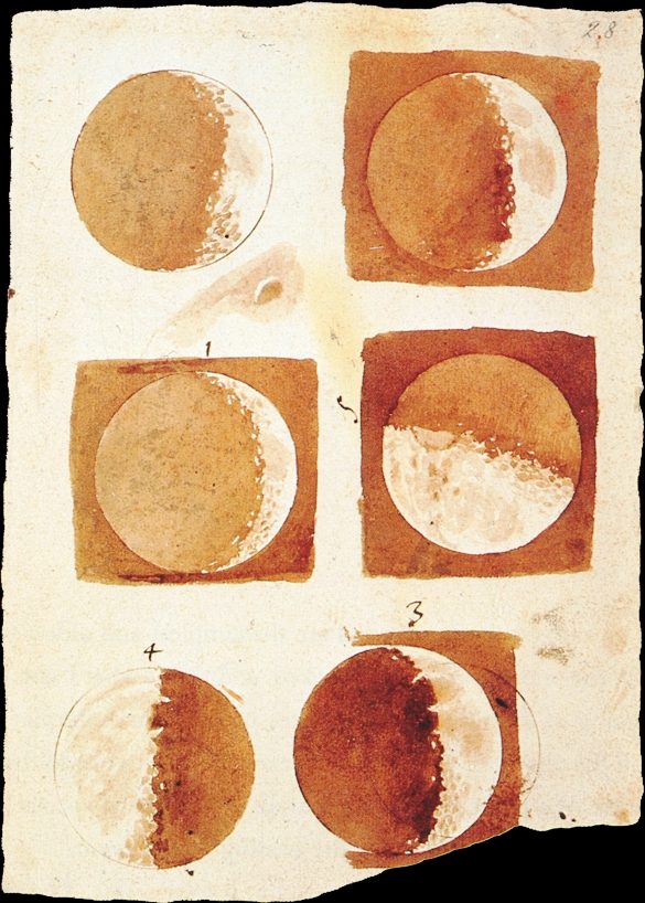 Galileo’s wash drawings of the Moon at six phases — the first drawings made through a telescope.