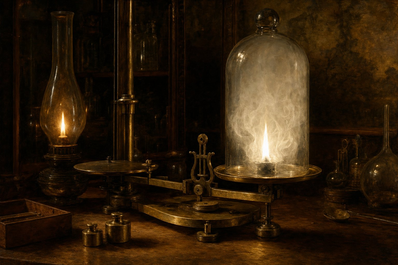 Phosphorus burning under a closed bell jar standing on the balance.