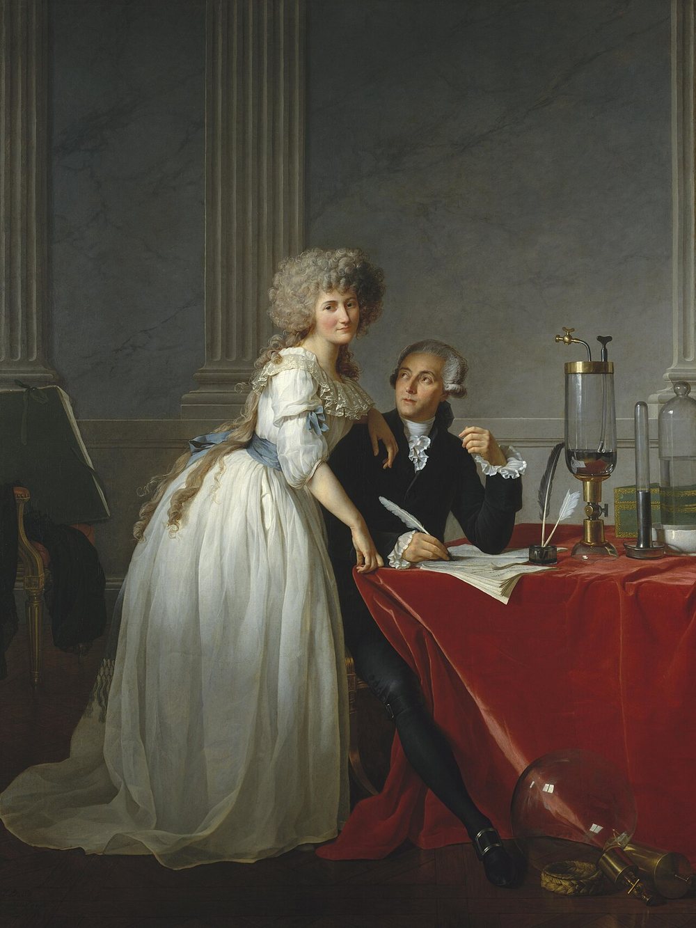 Painted by Jacques-Louis David. The glassware on the table is the point of the portrait.