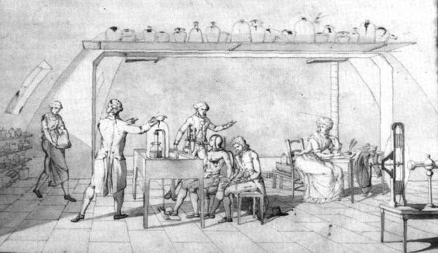 A drawing from the Lavoisier laboratory notes of a respiration experiment on a human subject.