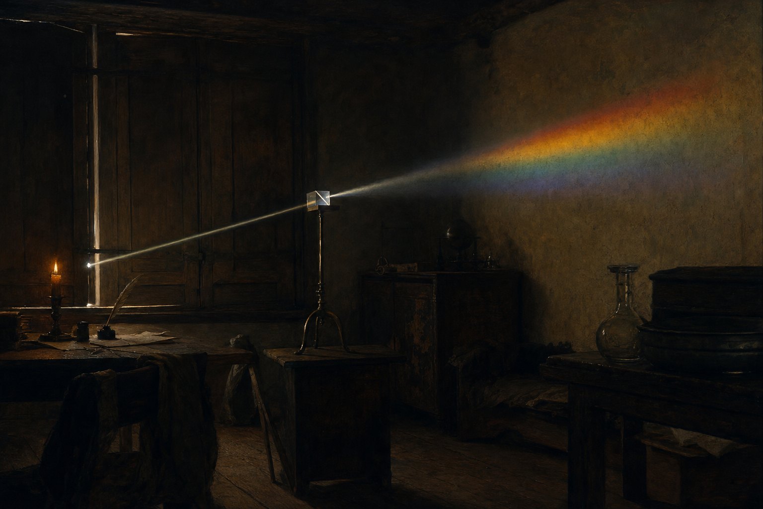 Shutters closed, a small hole, a glass prism, and a long throw to the far wall.