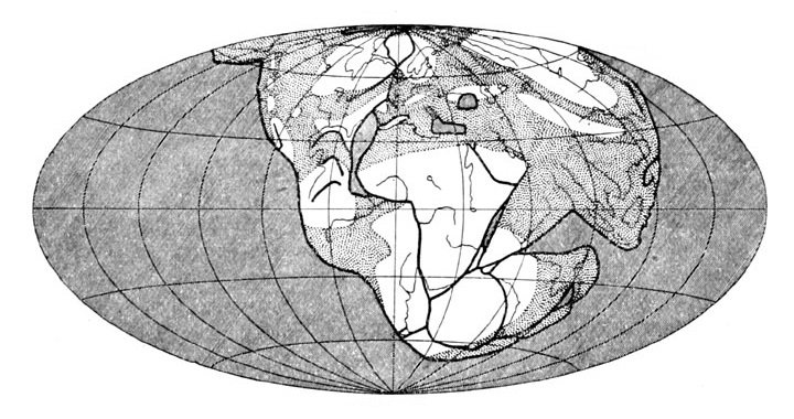 Wegener’s maps of the single landmass breaking up, from the later editions of his book.
